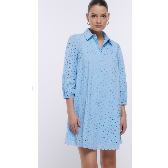 River Island Dresses & Skirts - RIVER ISLAND Penny Puff Sleeve Cotton Eyelet Shirtdress